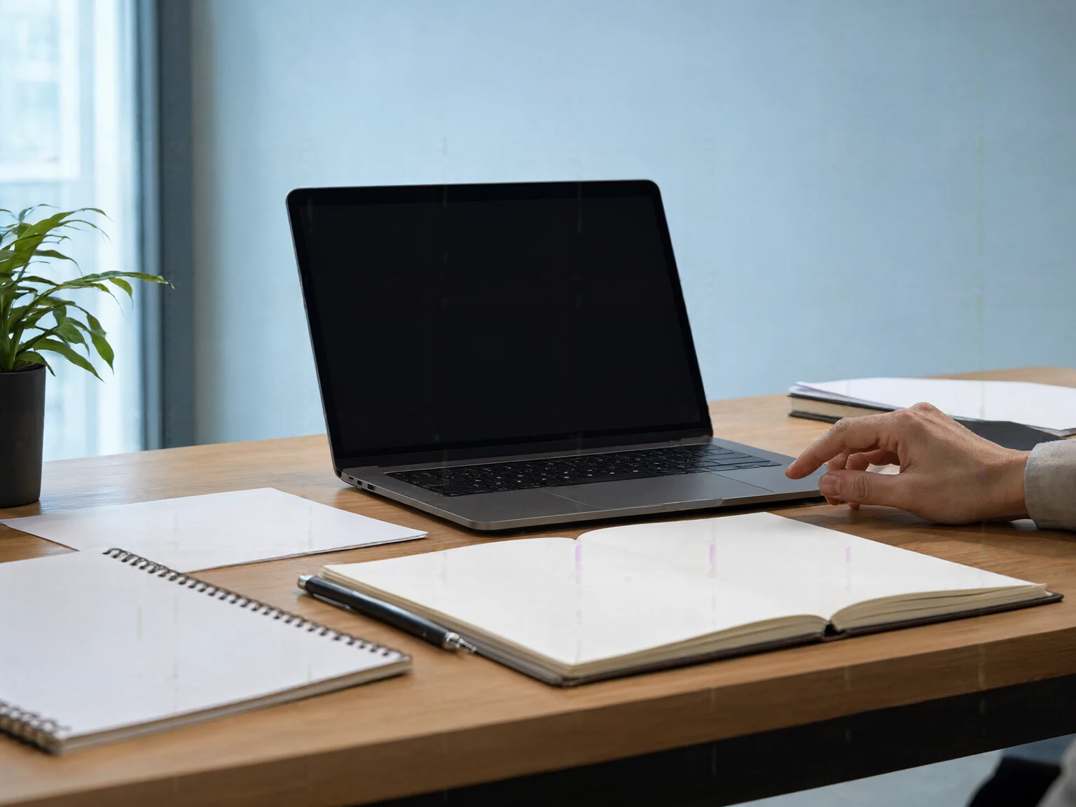 식물 옆 책상과 꺼진 노트북